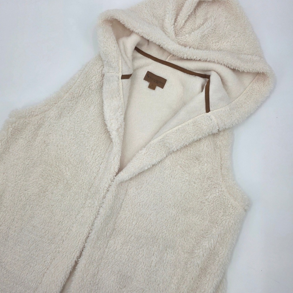 KOOLABURA BY UGG SHERPA HOODED VEST WOMENS XL CREAM WHITE OPEN FRONT POCKETS EUC